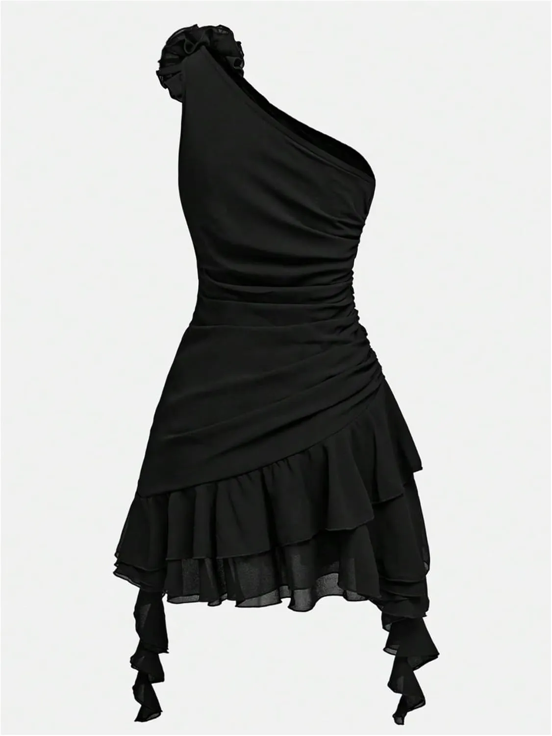 Girl's 3D Floral Summer Dress One Shoulder Ruched Bodycon Dress Elegant Tiered Layer Ruffle Dress