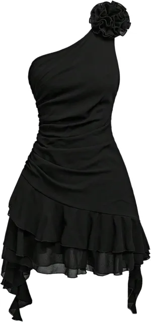 Girl's 3D Floral Summer Dress One Shoulder Ruched Bodycon Dress Elegant Tiered Layer Ruffle Dress