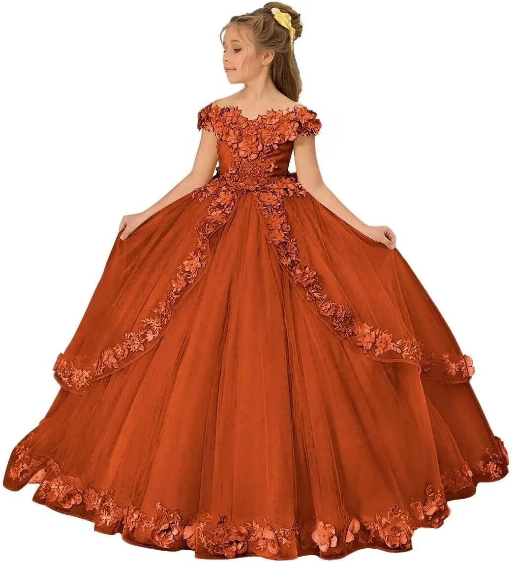 Girls Tulle Flower Girl Dress Off Shoulder Pageant Dresses Lace Applique Puffy Floral Formal Ball Gown Dresses for Kids