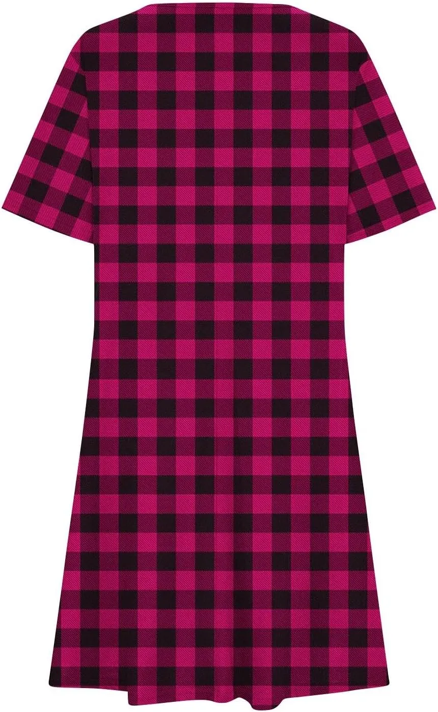 Going Out Dresses for Women 2025 Summer Short Sleeve Crew Neck Mini Dress Vintage Gingham Print Casual Beach Dress