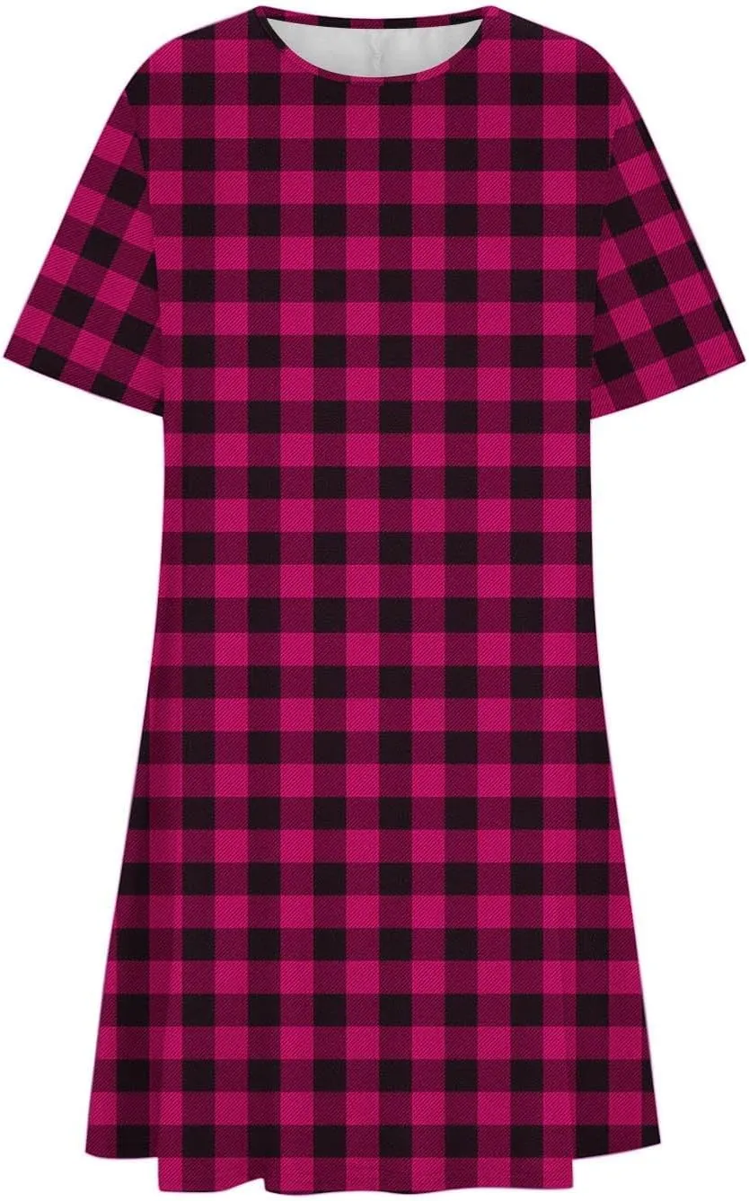 Going Out Dresses for Women 2025 Summer Short Sleeve Crew Neck Mini Dress Vintage Gingham Print Casual Beach Dress