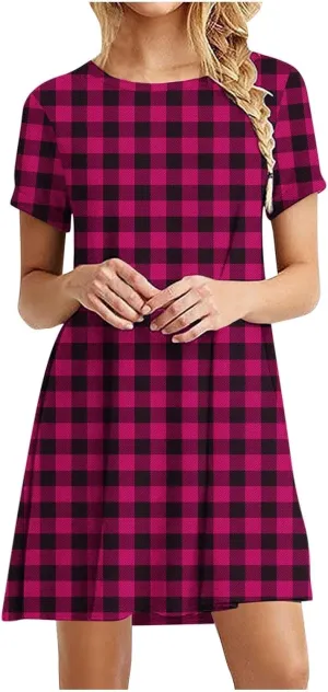 Going Out Dresses for Women 2025 Summer Short Sleeve Crew Neck Mini Dress Vintage Gingham Print Casual Beach Dress