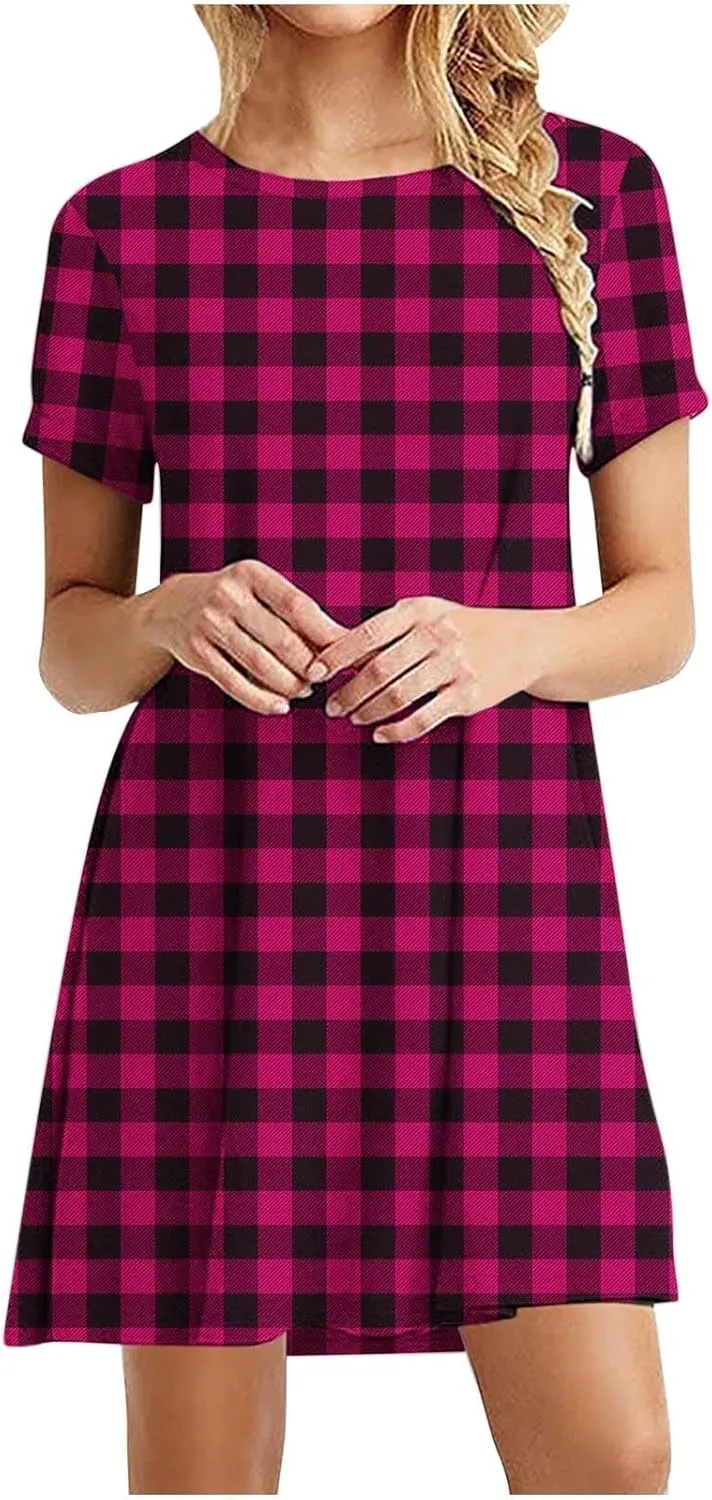 Going Out Dresses for Women 2025 Summer Short Sleeve Crew Neck Mini Dress Vintage Gingham Print Casual Beach Dress
