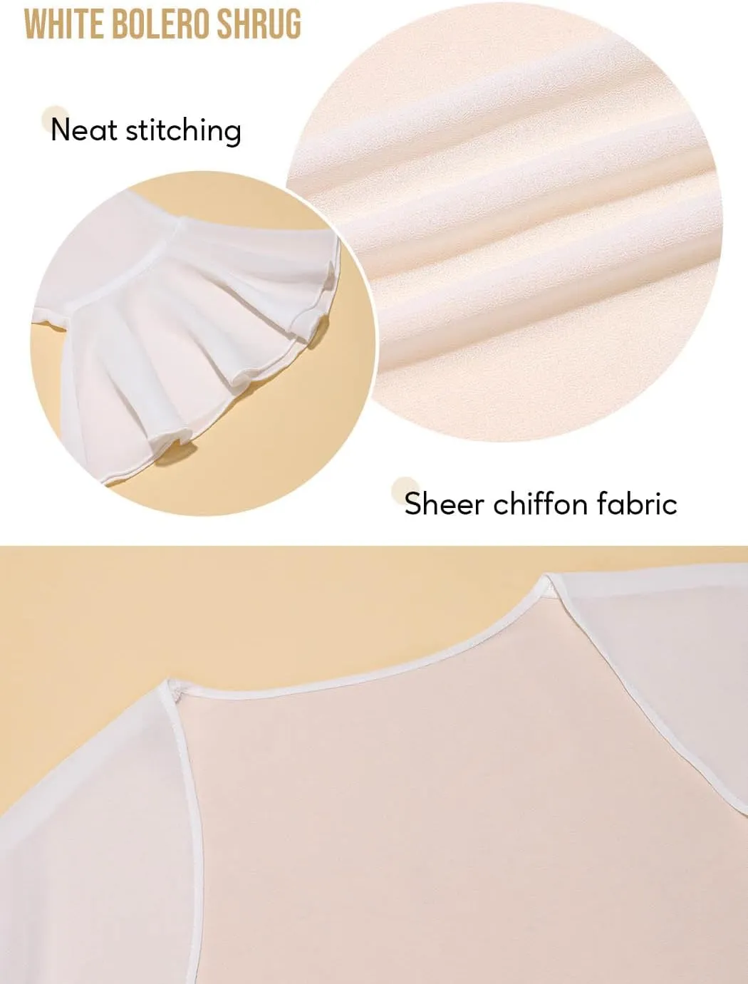 GORAIS Women Chiffon Bolero Shrugs 3/4 Sleeve Open Front Sheer Jackets Cardigan for Evening Dresses