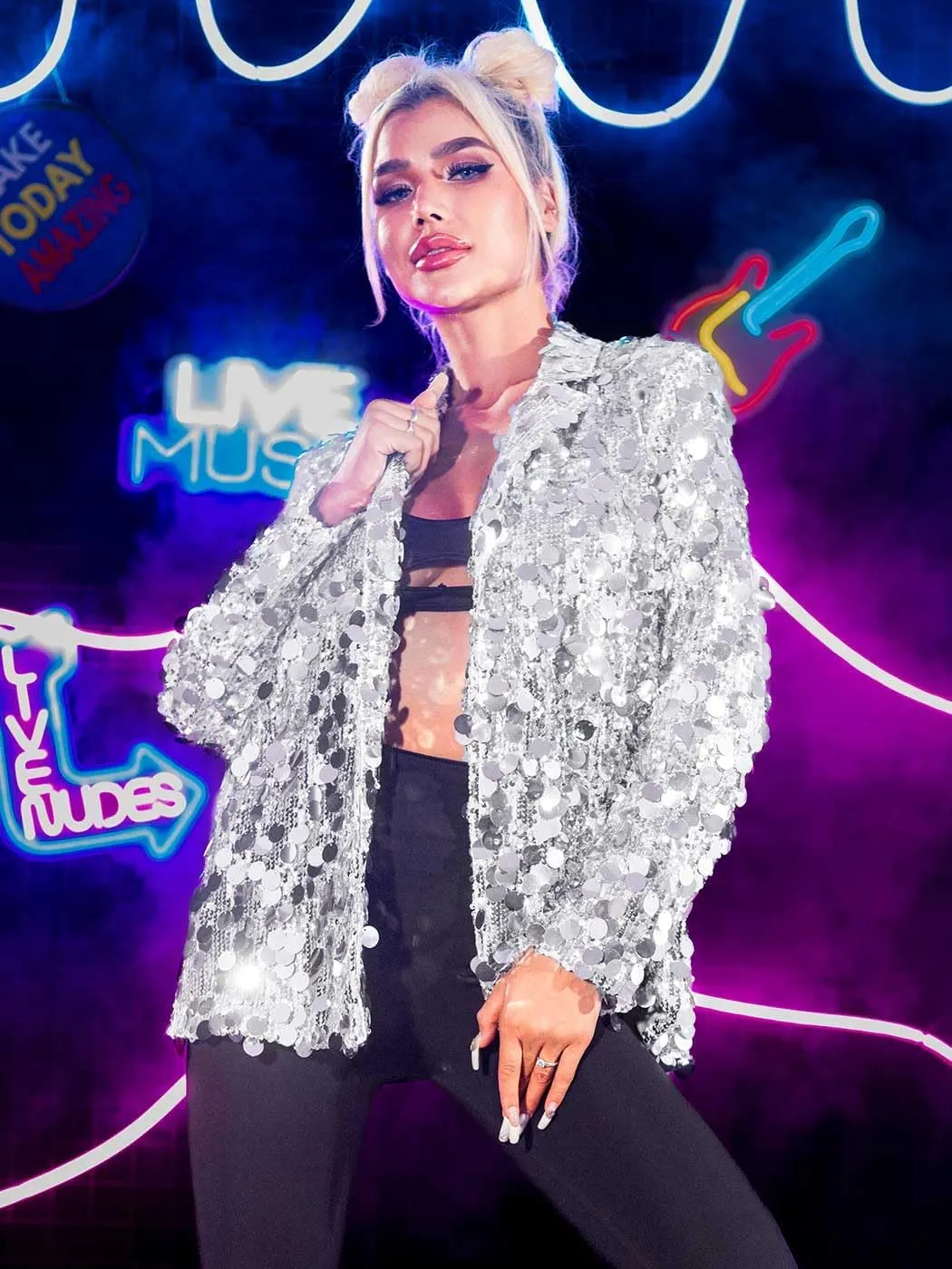GORAIS Women Sequin Jacket Long Sleeve Sparkly Blazer Jackets Open Front Night Club Party Dot Coat