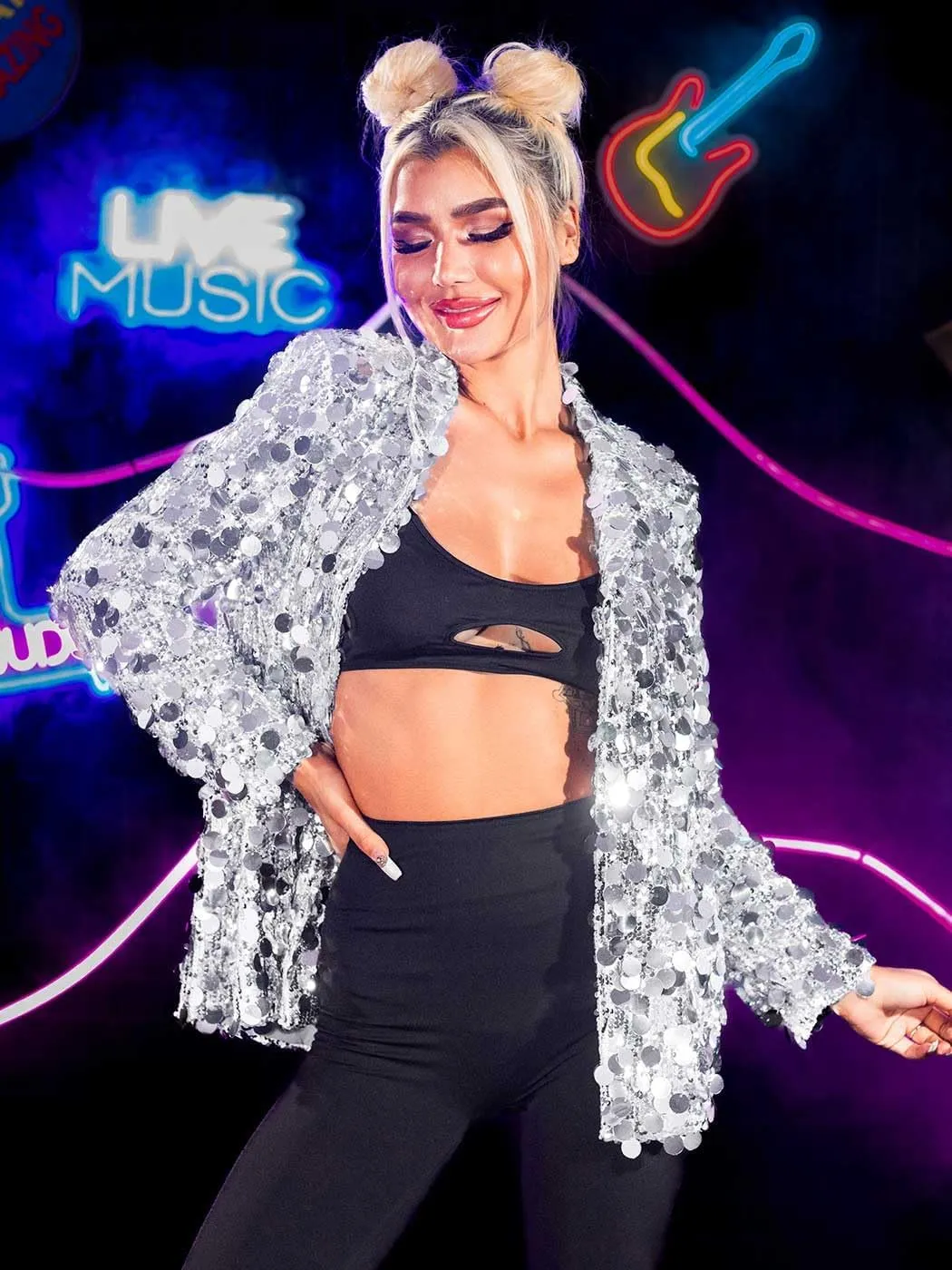 GORAIS Women Sequin Jacket Long Sleeve Sparkly Blazer Jackets Open Front Night Club Party Dot Coat