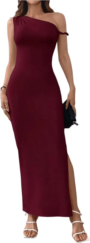 GORGLITTER Women's Asymmetrical Bodycon Maxi Long Dress One Shoulder Sleeveless Ruched Graduation Going Out Dresses