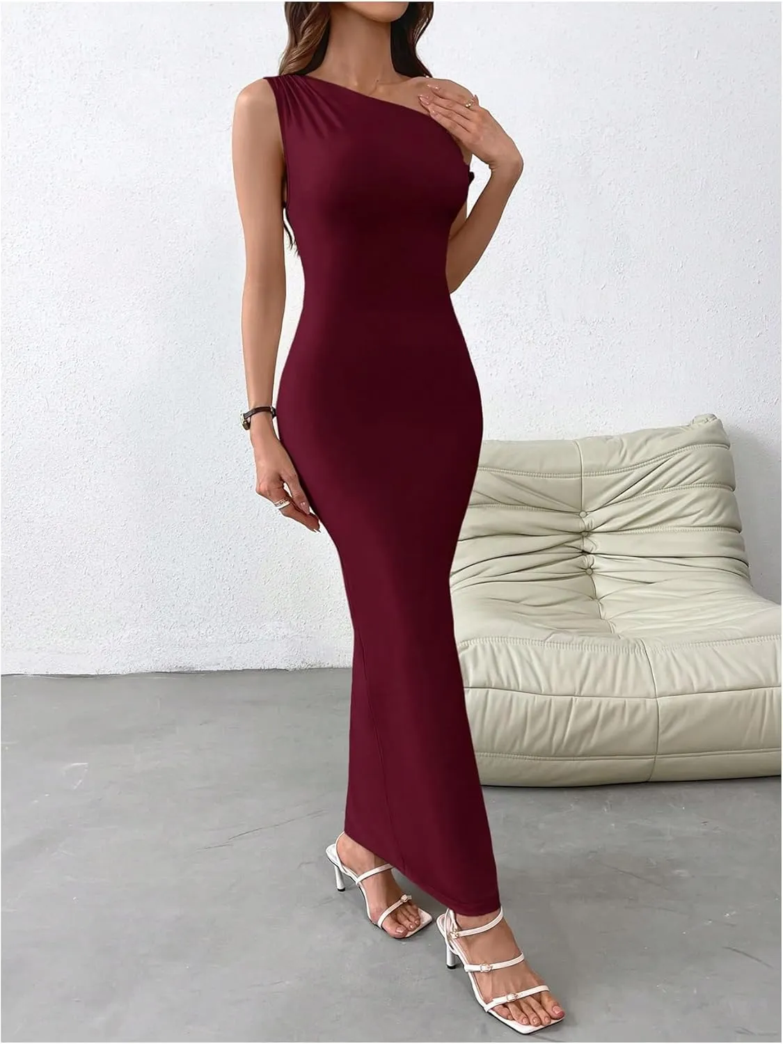 GORGLITTER Women's Asymmetrical Bodycon Maxi Long Dress One Shoulder Sleeveless Ruched Graduation Going Out Dresses