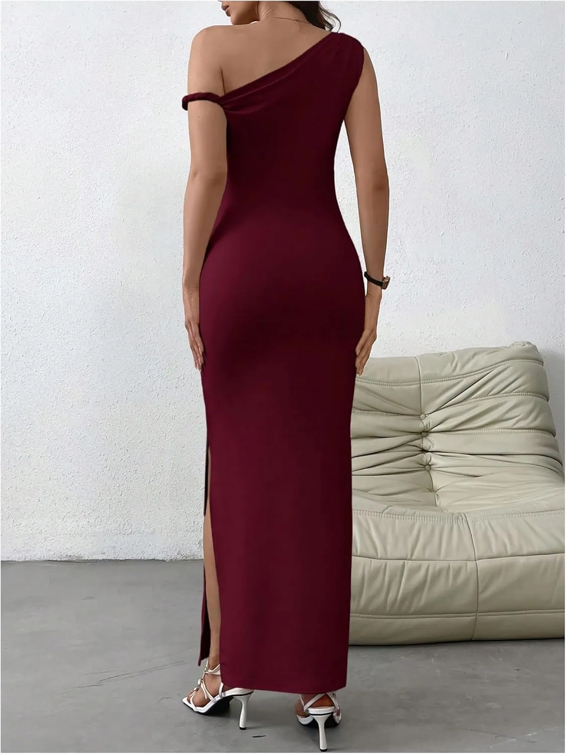GORGLITTER Women's Asymmetrical Bodycon Maxi Long Dress One Shoulder Sleeveless Ruched Graduation Going Out Dresses