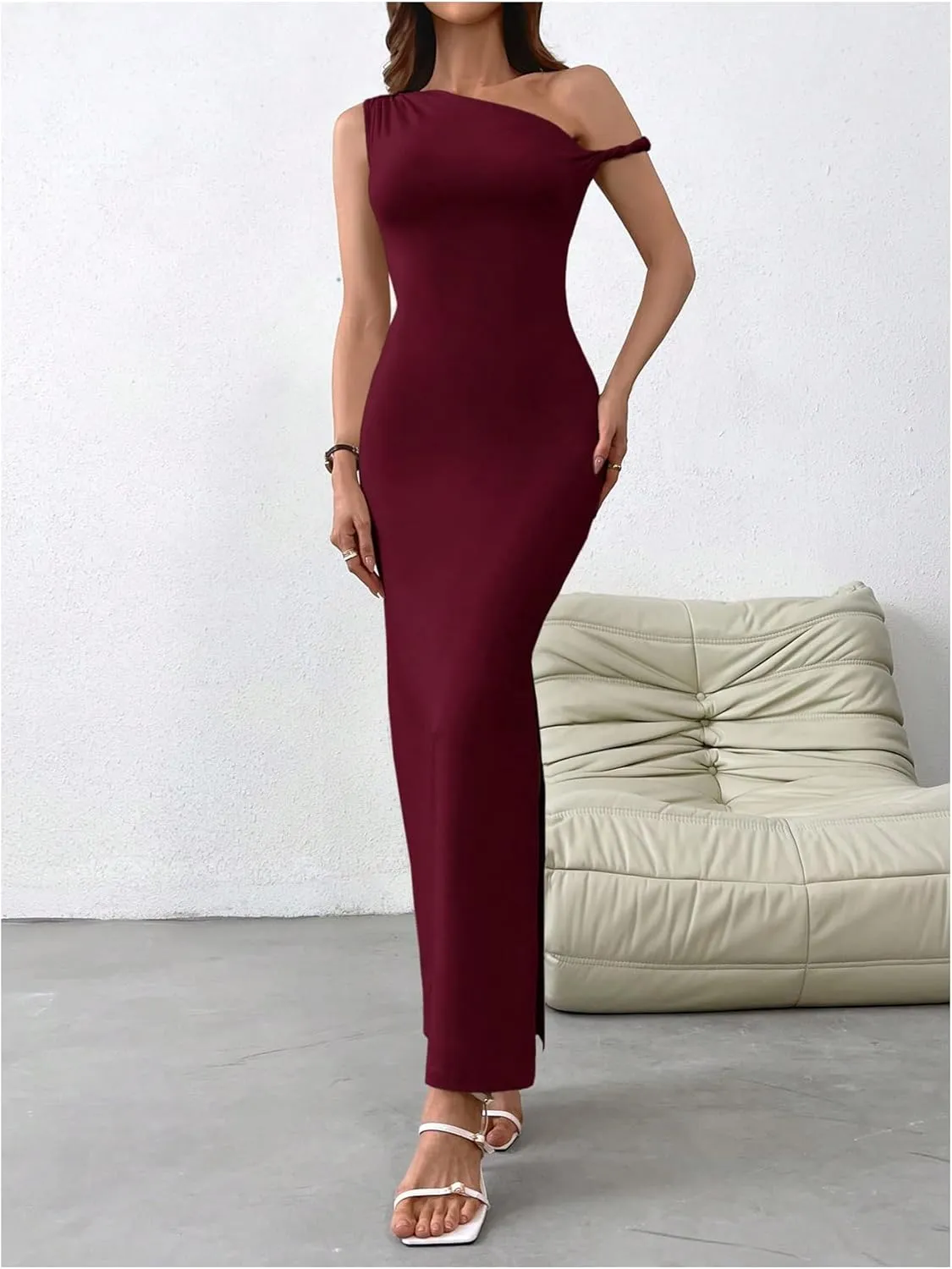 GORGLITTER Women's Asymmetrical Bodycon Maxi Long Dress One Shoulder Sleeveless Ruched Graduation Going Out Dresses