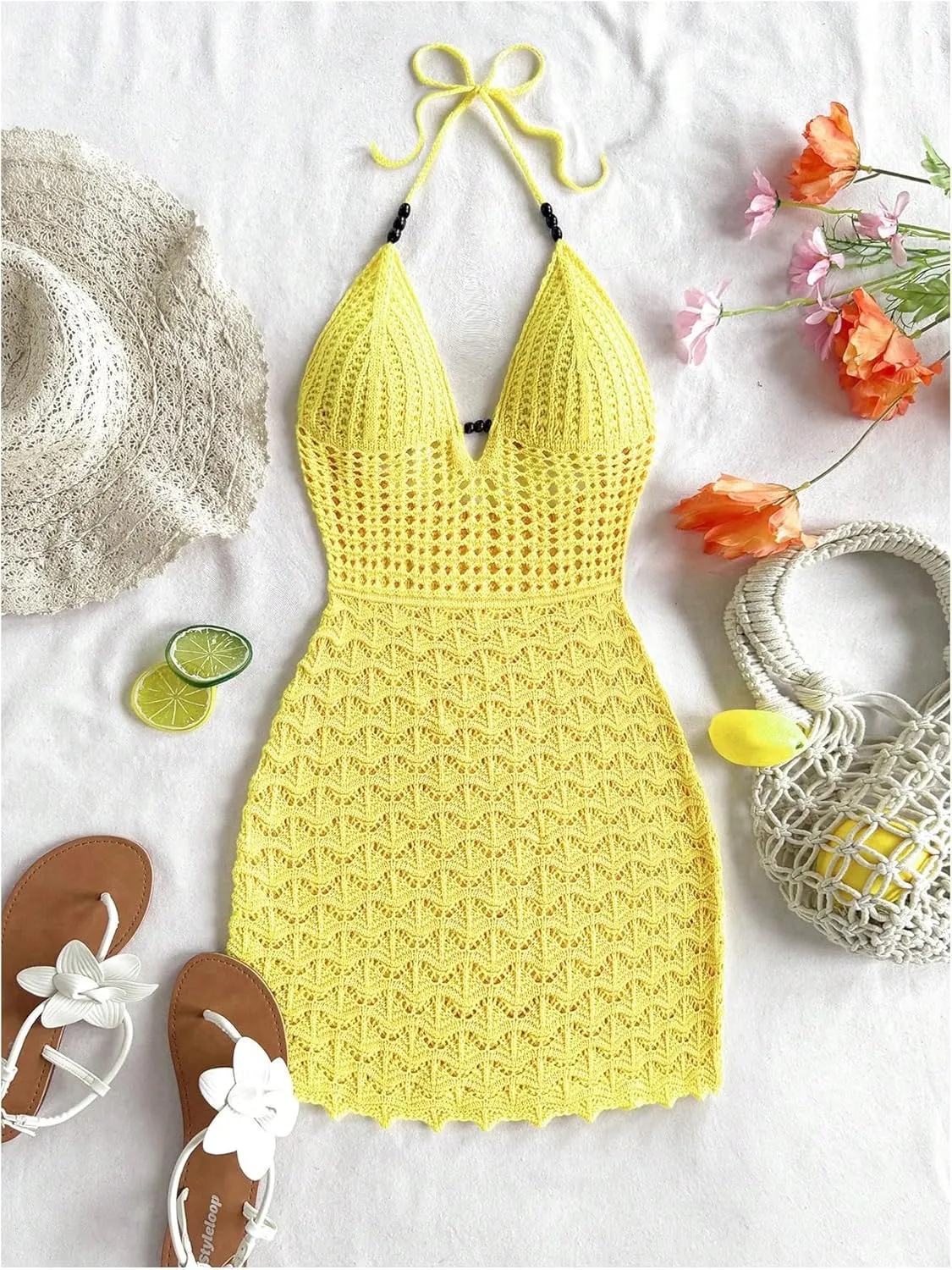 GORGLITTER Women's Crochet Halter Mini Dress Tie Backless Bodycon Knit Short Dresses Summer Beach Outfits