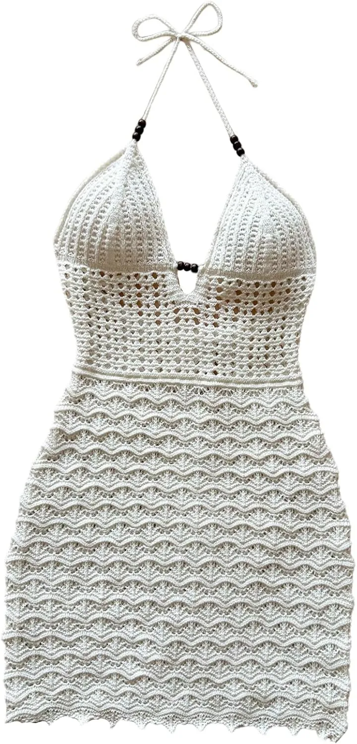 GORGLITTER Women's Crochet Halter Mini Dress Tie Backless Bodycon Knit Short Dresses Summer Beach Outfits