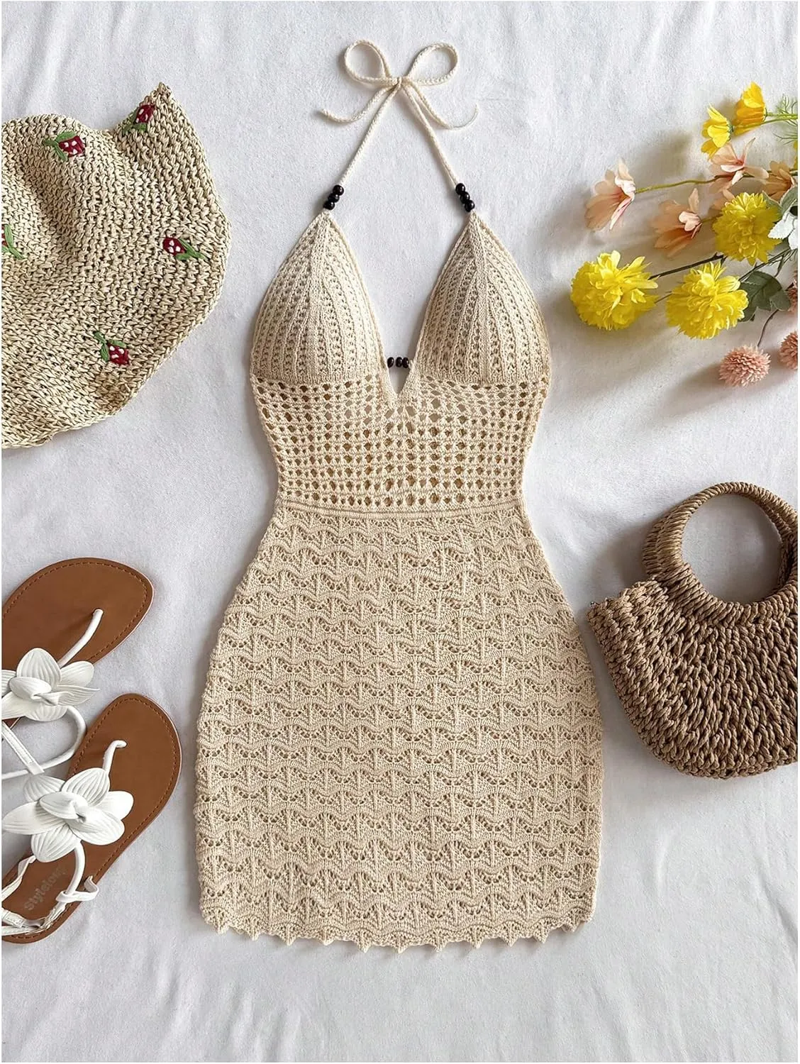 GORGLITTER Women's Crochet Halter Mini Dress Tie Backless Bodycon Knit Short Dresses Summer Beach Outfits