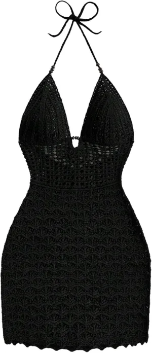 GORGLITTER Women's Crochet Halter Mini Dress Tie Backless Bodycon Knit Short Dresses Summer Beach Outfits