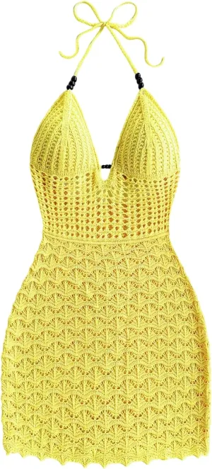 GORGLITTER Women's Crochet Halter Mini Dress Tie Backless Bodycon Knit Short Dresses Summer Beach Outfits