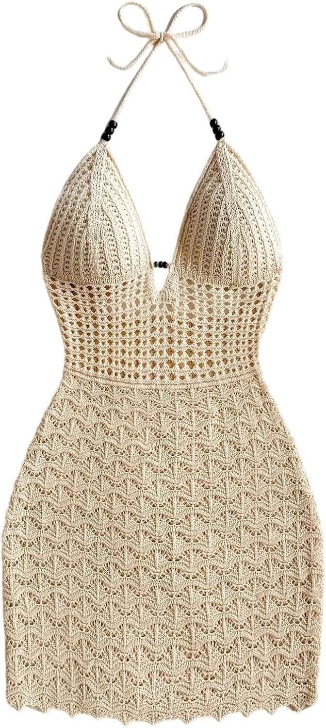 GORGLITTER Women's Crochet Halter Mini Dress Tie Backless Bodycon Knit Short Dresses Summer Beach Outfits