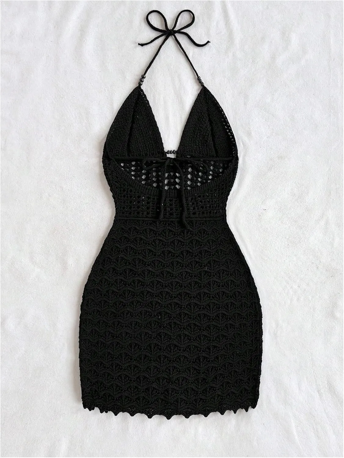 GORGLITTER Women's Crochet Halter Mini Dress Tie Backless Bodycon Knit Short Dresses Summer Beach Outfits