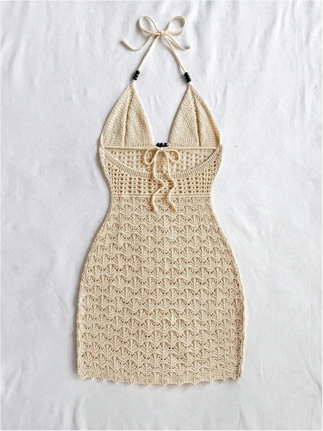 GORGLITTER Women's Crochet Halter Mini Dress Tie Backless Bodycon Knit Short Dresses Summer Beach Outfits