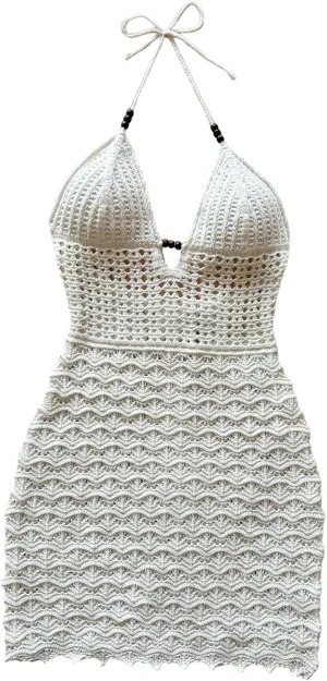 GORGLITTER Women's Crochet Halter Mini Dress Tie Backless Bodycon Knit Short Dresses Summer Beach Outfits