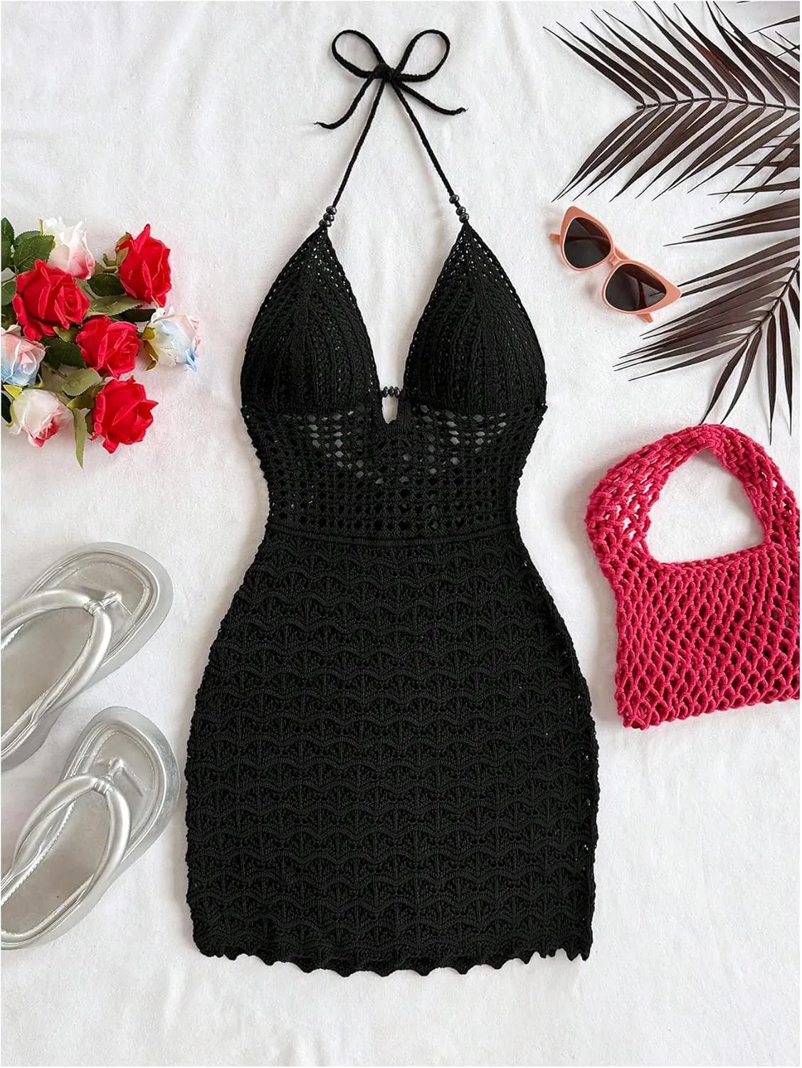 GORGLITTER Women's Crochet Halter Mini Dress Tie Backless Bodycon Knit Short Dresses Summer Beach Outfits