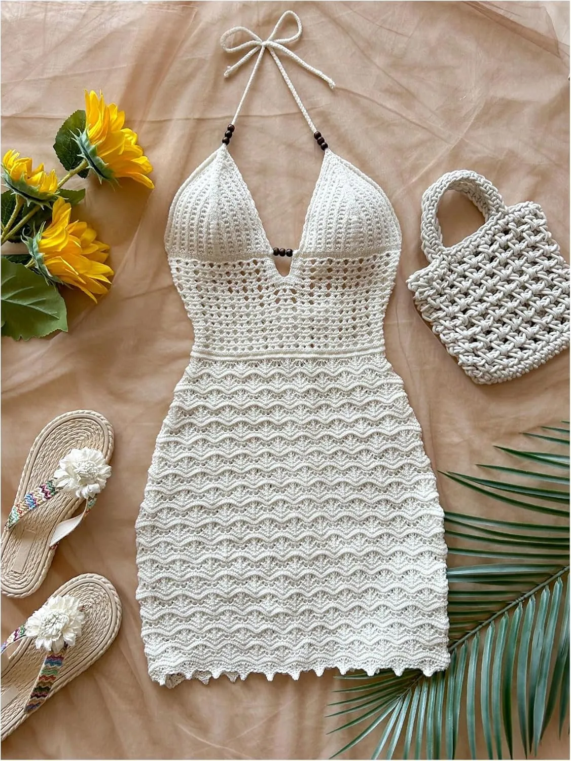 GORGLITTER Women's Crochet Halter Mini Dress Tie Backless Bodycon Knit Short Dresses Summer Beach Outfits