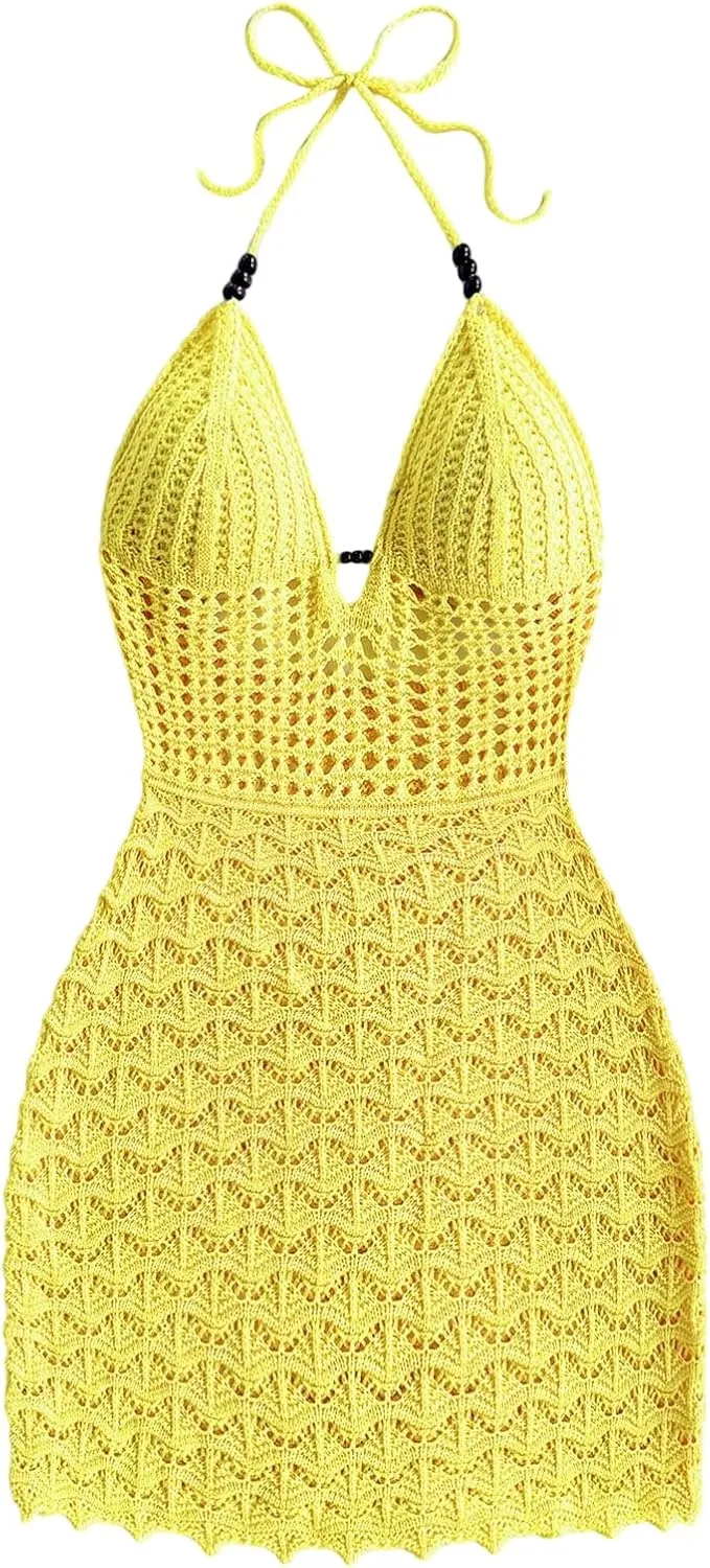 GORGLITTER Women's Crochet Halter Mini Dress Tie Backless Bodycon Knit Short Dresses Summer Beach Outfits