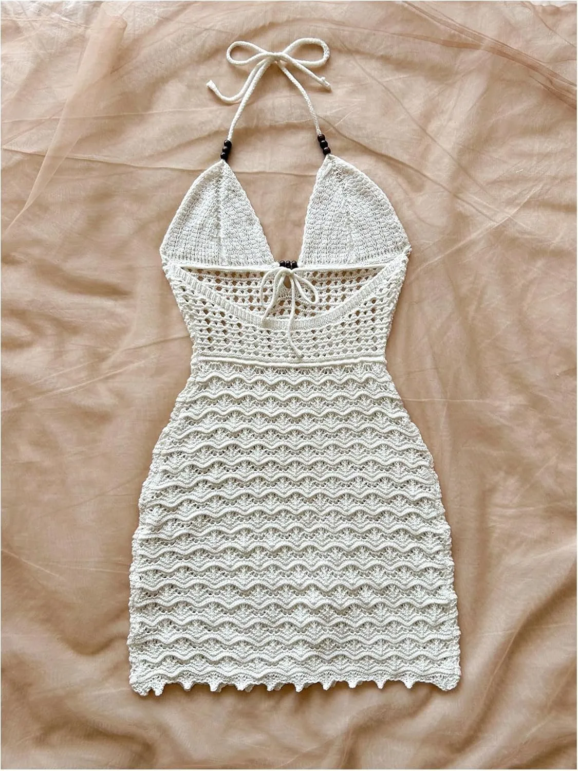 GORGLITTER Women's Crochet Halter Mini Dress Tie Backless Bodycon Knit Short Dresses Summer Beach Outfits