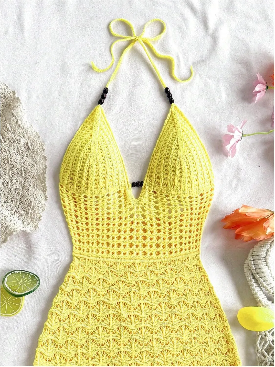 GORGLITTER Women's Crochet Halter Mini Dress Tie Backless Bodycon Knit Short Dresses Summer Beach Outfits