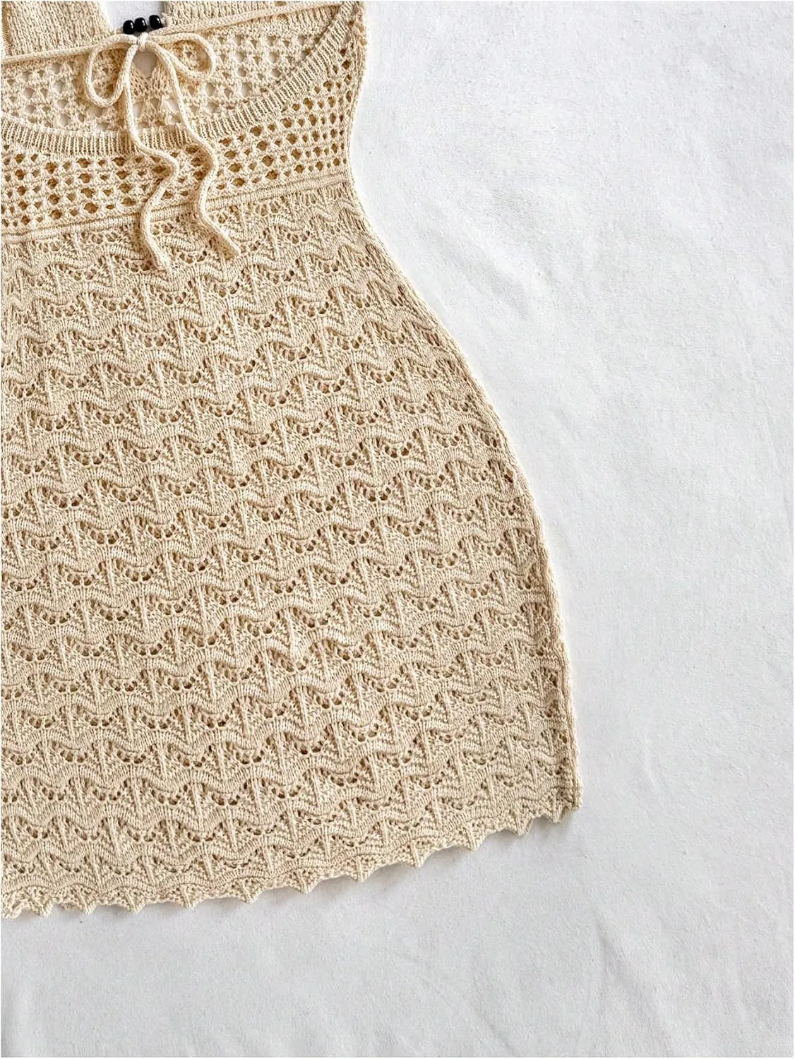 GORGLITTER Women's Crochet Halter Mini Dress Tie Backless Bodycon Knit Short Dresses Summer Beach Outfits