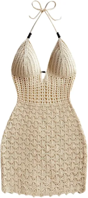GORGLITTER Women's Crochet Halter Mini Dress Tie Backless Bodycon Knit Short Dresses Summer Beach Outfits