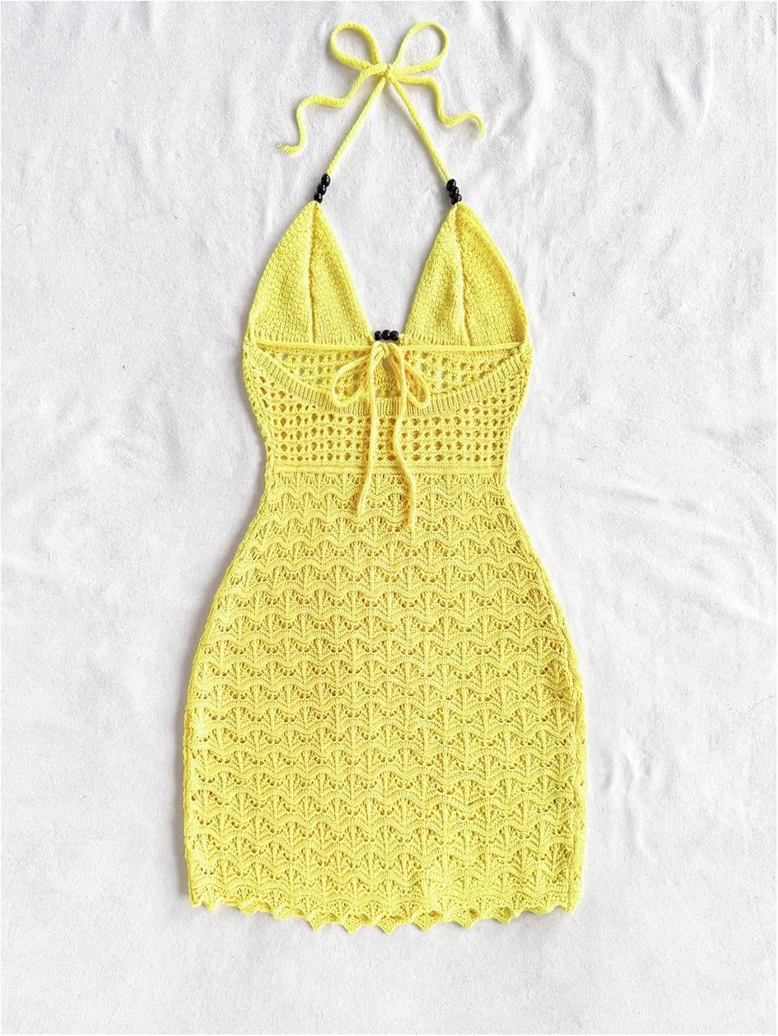 GORGLITTER Women's Crochet Halter Mini Dress Tie Backless Bodycon Knit Short Dresses Summer Beach Outfits