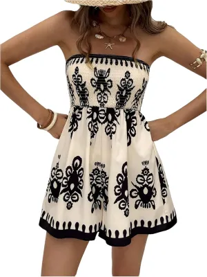 GORGLITTER Women's Floral Print Strapless Romper Open Back Boho Sleeveless Smocked Shorts Jumpsuit
