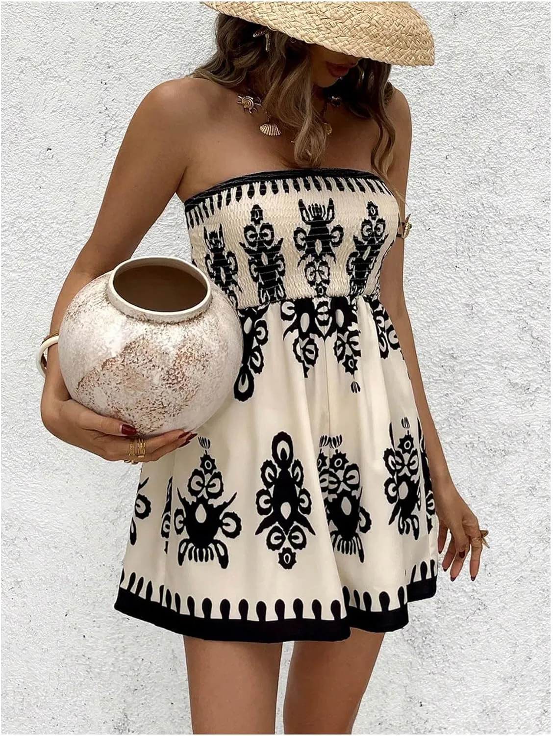 GORGLITTER Women's Floral Print Strapless Romper Open Back Boho Sleeveless Smocked Shorts Jumpsuit