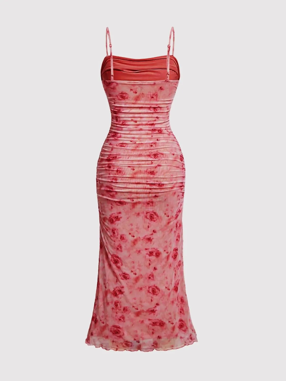 GORGLITTER Women's Floral Ruched Bodycon Midi Dress Mesh Sleeveless Fishtail Cami Dresses