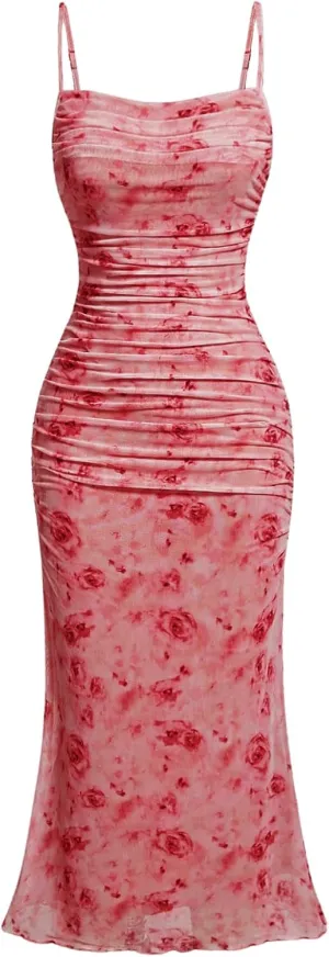 GORGLITTER Women's Floral Ruched Bodycon Midi Dress Mesh Sleeveless Fishtail Cami Dresses
