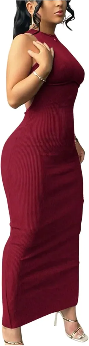 GORGLITTER Women's Open Back Bodycon Maxi Dress Backless Ribbed Knit Casual Summer Graduation Prom Long Sundresses 2025