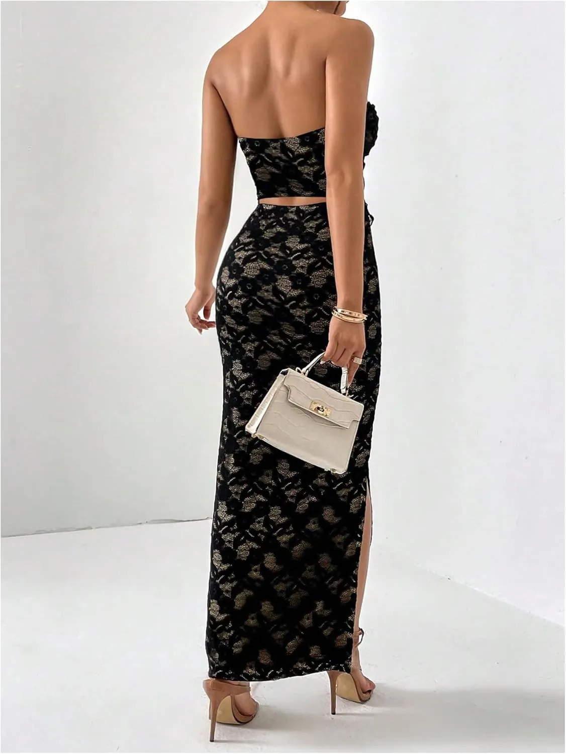 GORGLITTER Women's Two Piece Skirt Sets Outfits Lace Strapless Bandeau Tube Top and Summer Bodycon Long Maxi Skirt Set