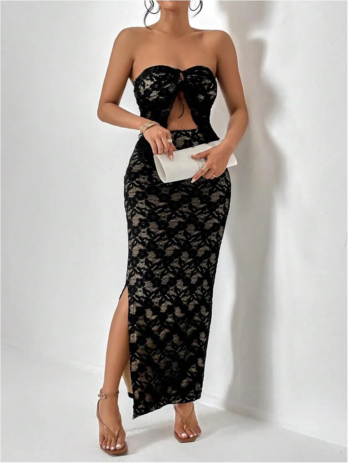 GORGLITTER Women's Two Piece Skirt Sets Outfits Lace Strapless Bandeau Tube Top and Summer Bodycon Long Maxi Skirt Set