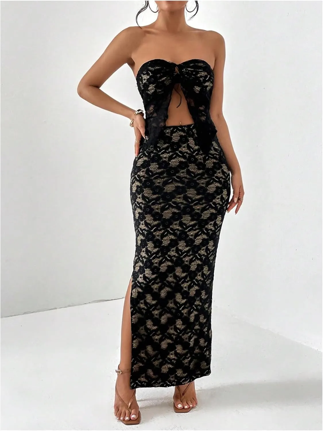 GORGLITTER Women's Two Piece Skirt Sets Outfits Lace Strapless Bandeau Tube Top and Summer Bodycon Long Maxi Skirt Set