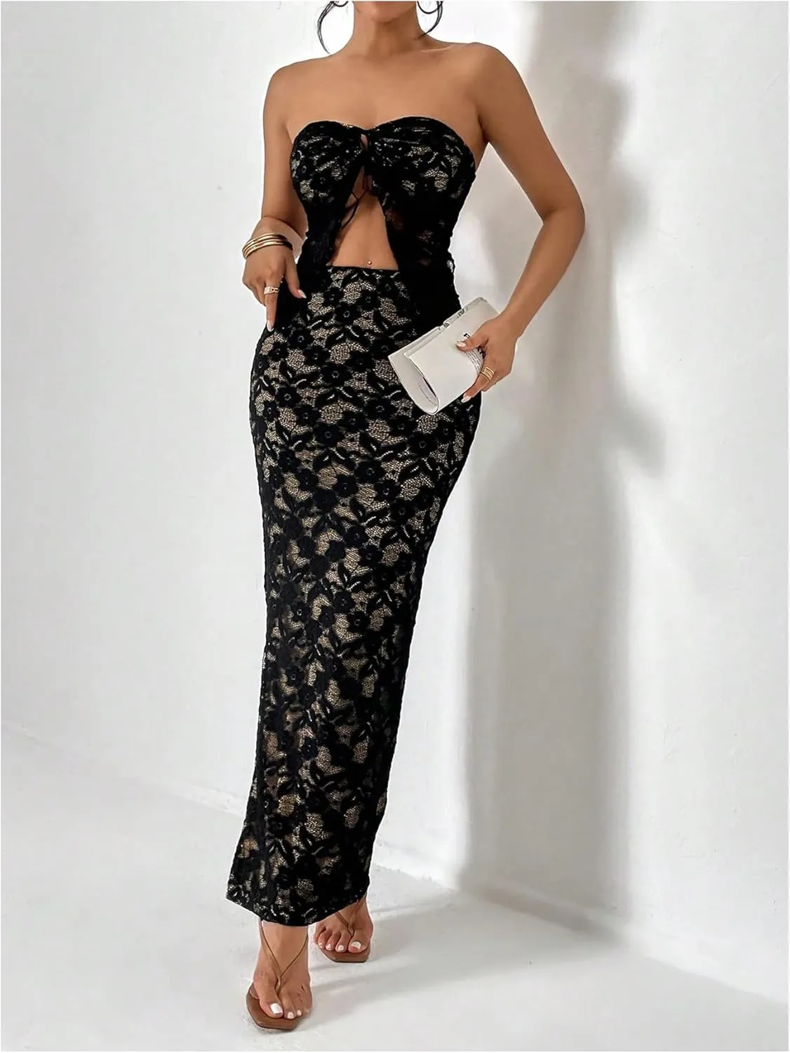 GORGLITTER Women's Two Piece Skirt Sets Outfits Lace Strapless Bandeau Tube Top and Summer Bodycon Long Maxi Skirt Set