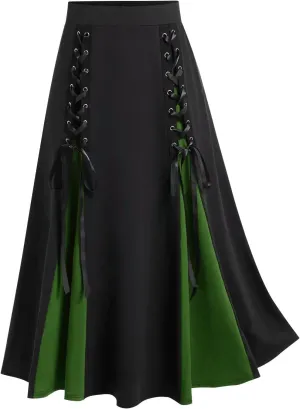 Goth Skirts for Womens Trendy Pleated Steampunk High Waist Patchwork Midi Gothic Skirt Halloween Costumes