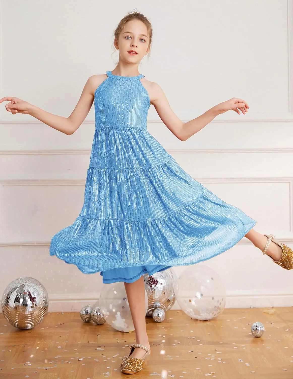 GRACE KARIN Girls Sequin Dress Formal Party Elegant Fancy Girls Maxi Long Dress for 5-14Y