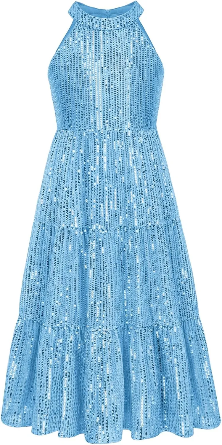 GRACE KARIN Girls Sequin Dress Formal Party Elegant Fancy Girls Maxi Long Dress for 5-14Y