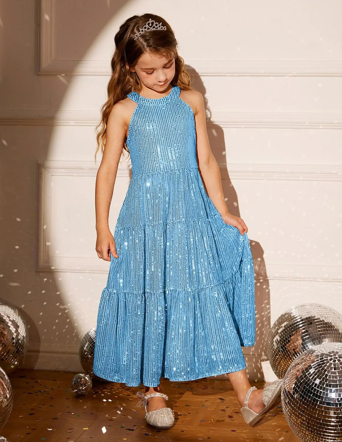 GRACE KARIN Girls Sequin Dress Formal Party Elegant Fancy Girls Maxi Long Dress for 5-14Y