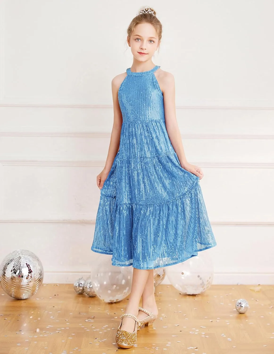 GRACE KARIN Girls Sequin Dress Formal Party Elegant Fancy Girls Maxi Long Dress for 5-14Y
