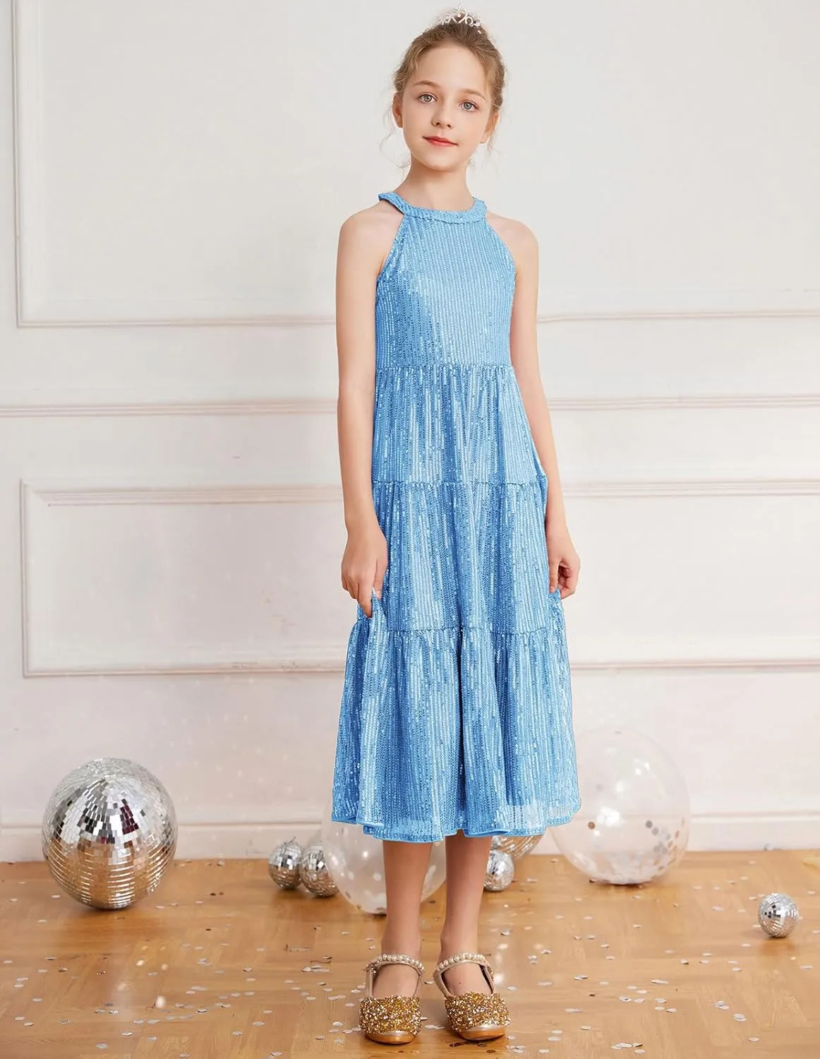 GRACE KARIN Girls Sequin Dress Formal Party Elegant Fancy Girls Maxi Long Dress for 5-14Y