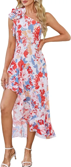 GRACE KARIN Womens Summer One Shoulder Sleeveless Dresses Floral Flowy Ruffle High Low Wedding Guest Maxi Sundresses