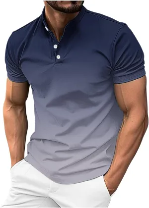 Gradient Color Business Henley Shirts for Men Slim Fit Short Sleeve Stretch Tee Tops Button Down Summer Blouse