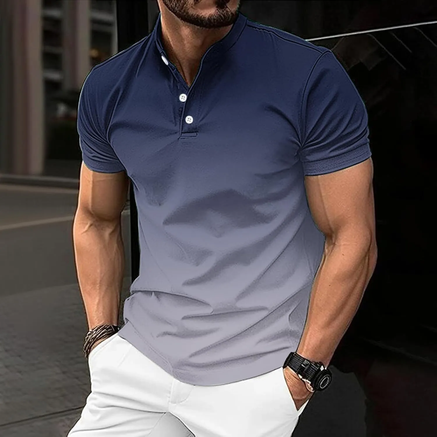 Gradient Color Business Henley Shirts for Men Slim Fit Short Sleeve Stretch Tee Tops Button Down Summer Blouse