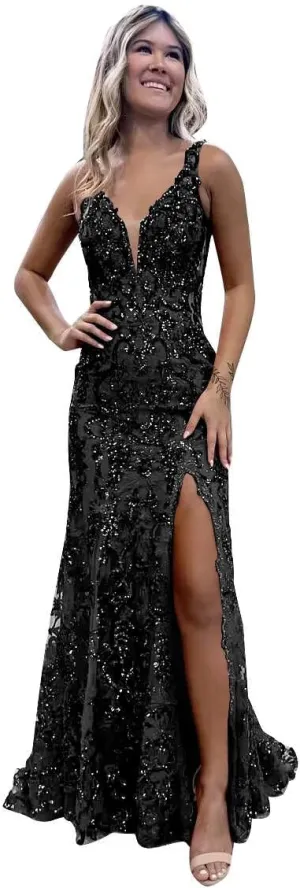 GUKARLEED Women's Prom Dresses Lace Appliques Sequin Formal Dress V Neck High Slit Mermaid Tulle Wedding Guest Evening Gowns